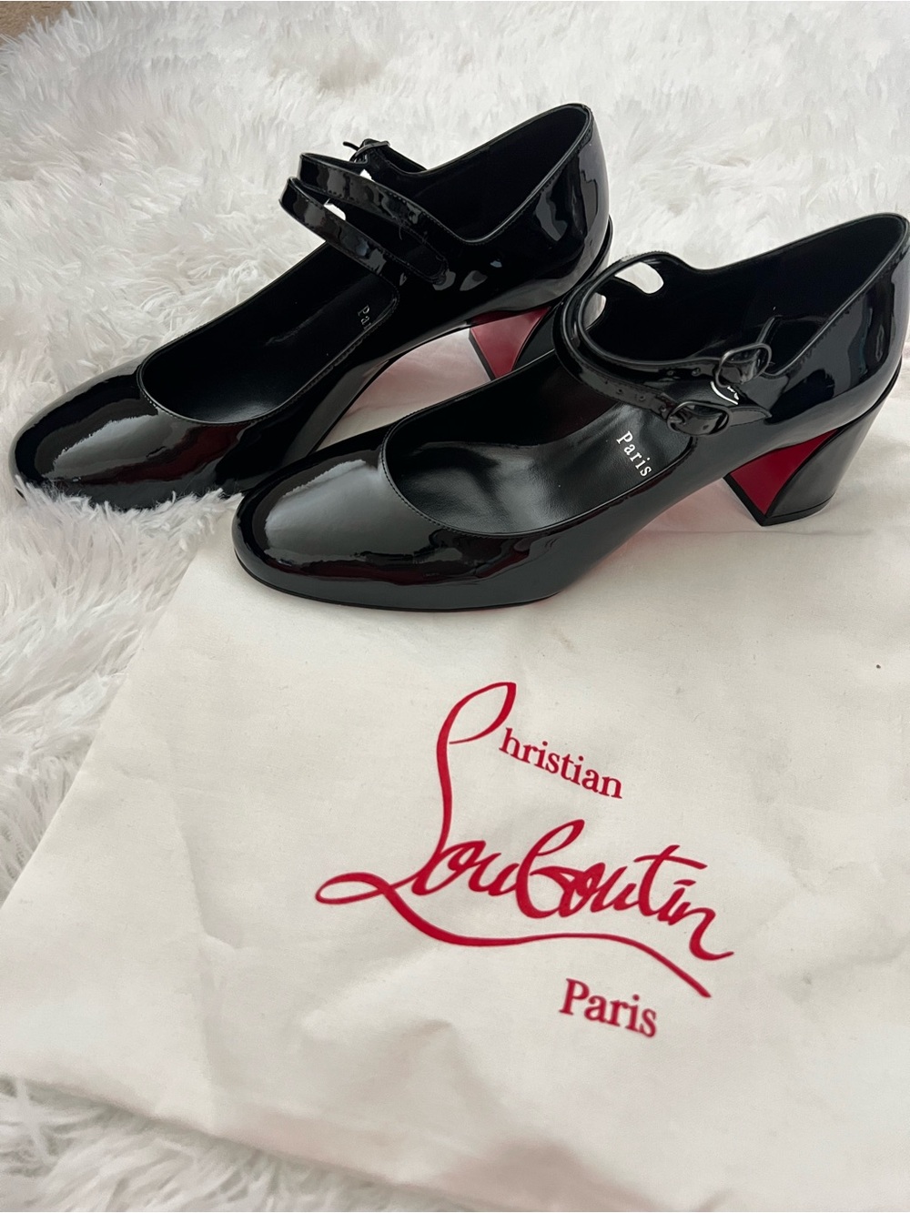 🔥100% Authentic🔥Christian Louboutin Black Patent Mary Jane Heels with Red Accent